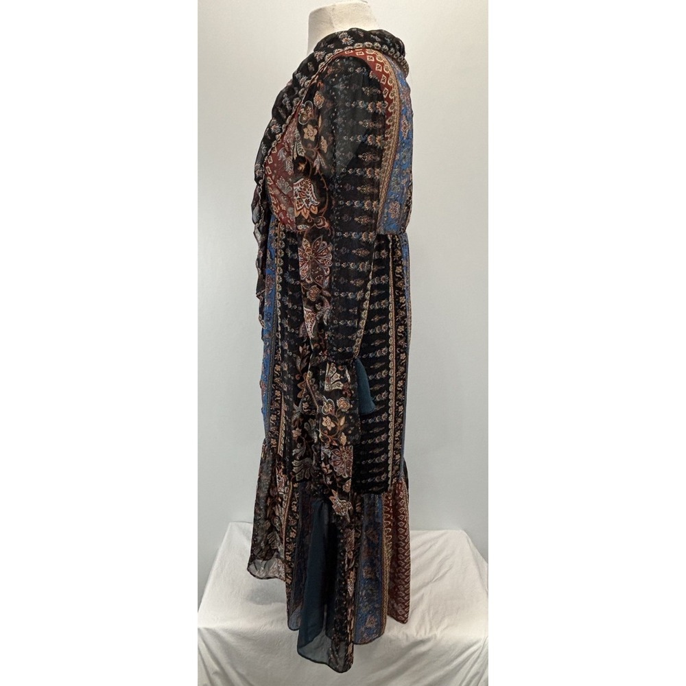 Zara Patchwork Maxi Dress Sz Medium Boho Ruffle Trim Forest Fairy Vneck - Picture 2 of 8